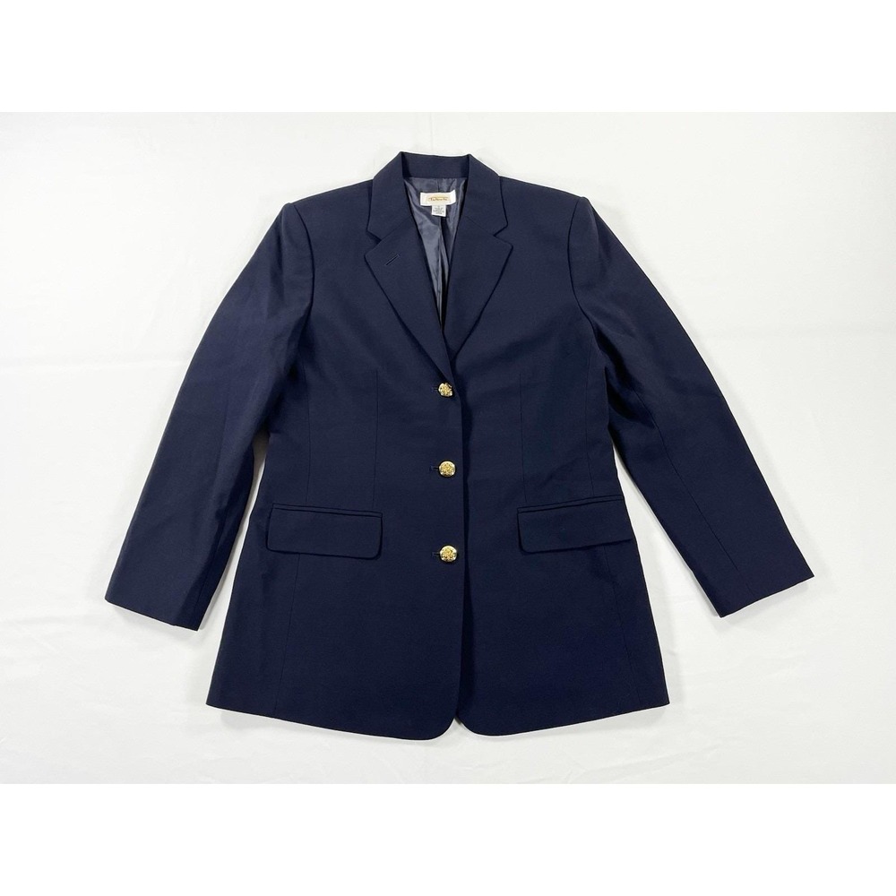 VTG 90s Talbots Wool Blazer Navy Blue Gold Crest Button Preppy Womens 8
